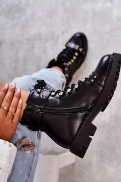 Discount Boto Skórzane Botki Z Ozdobnym Paskiem Czarne Sabine