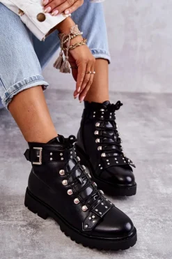 Discount Boto Skórzane Botki Z Ozdobnym Paskiem Czarne Sabine