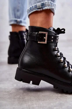Discount Boto Skórzane Botki Z Ozdobnym Paskiem Czarne Sabine