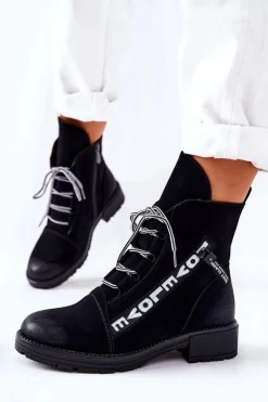 Botki Sznurowane|Czarne Botki>Boto Skórzane Botki Z Ozdobnym Suwakiem Czarne Lomissa