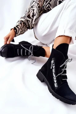 Botki Sznurowane|Czarne Botki>Boto Skórzane Botki Z Ozdobnym Suwakiem Czarne Lomissa