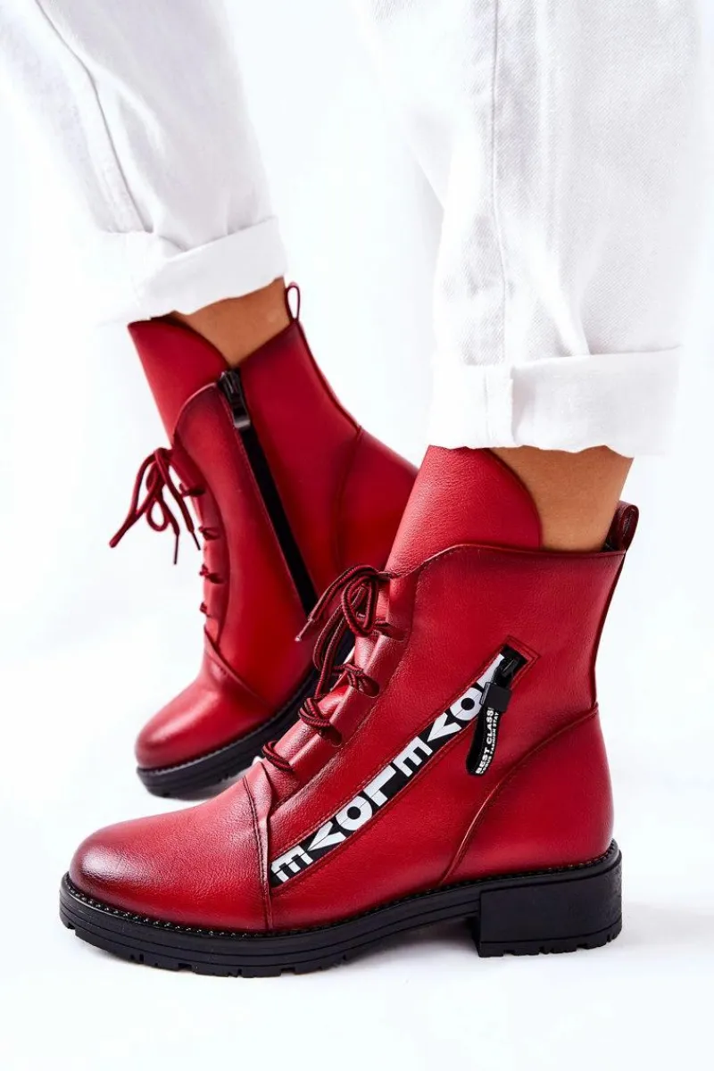 New Boto Skórzane Botki Z Ozdobnym Suwakiem Czerwone Lomissa