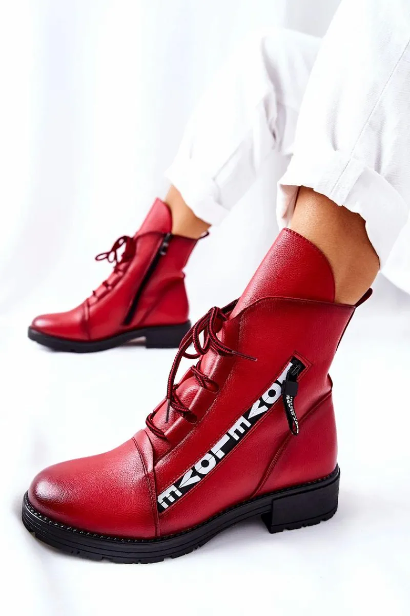 New Boto Skórzane Botki Z Ozdobnym Suwakiem Czerwone Lomissa
