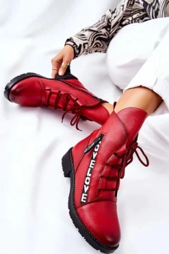 New Boto Skórzane Botki Z Ozdobnym Suwakiem Czerwone Lomissa