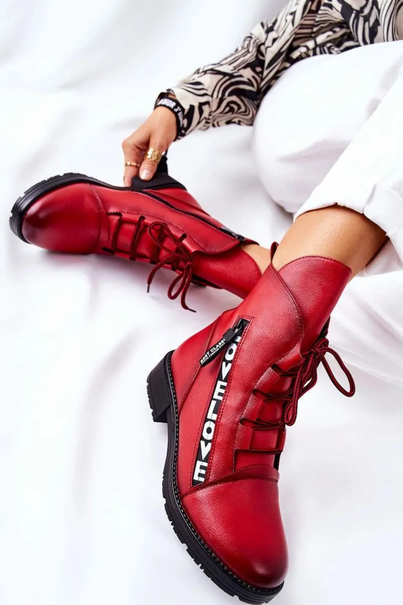 New Boto Skórzane Botki Z Ozdobnym Suwakiem Czerwone Lomissa