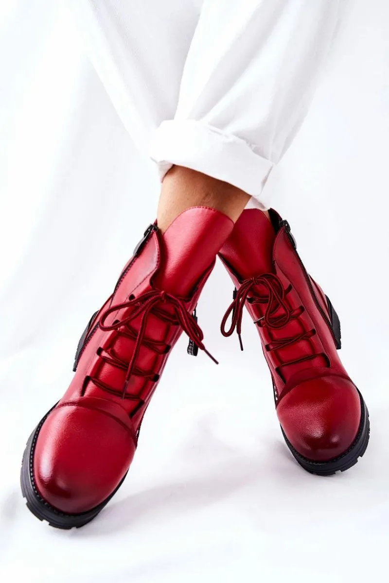 New Boto Skórzane Botki Z Ozdobnym Suwakiem Czerwone Lomissa