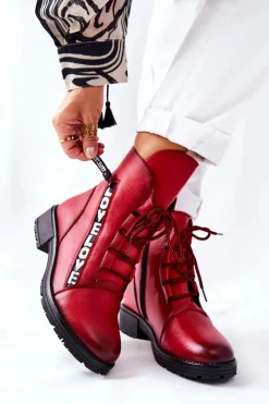 New Boto Skórzane Botki Z Ozdobnym Suwakiem Czerwone Lomissa