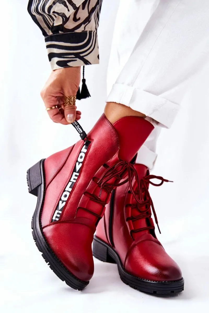 New Boto Skórzane Botki Z Ozdobnym Suwakiem Czerwone Lomissa