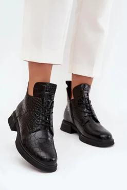 New Buty damskie Vinceza Skórzane Botki Z Ozdobnym Tłoczeniem Ocieplane Vinceza 66815 Czarne