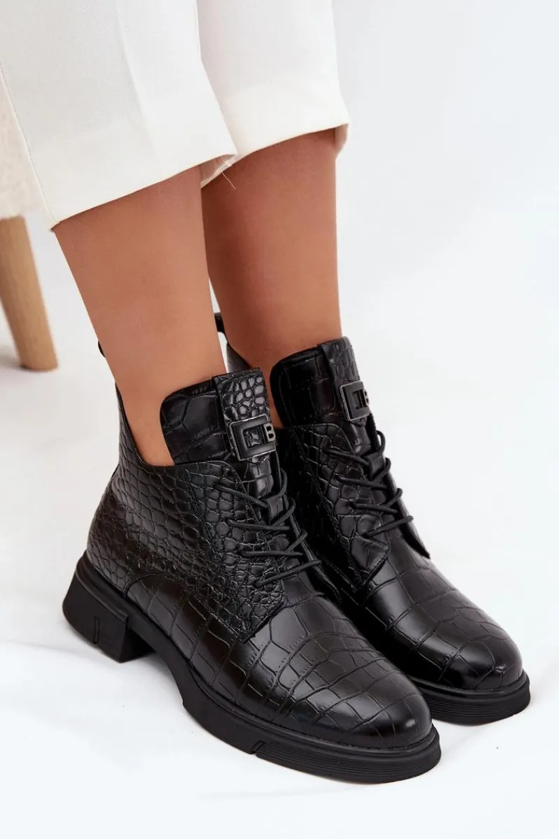 New Buty damskie Vinceza Skórzane Botki Z Ozdobnym Tłoczeniem Ocieplane Vinceza 66815 Czarne