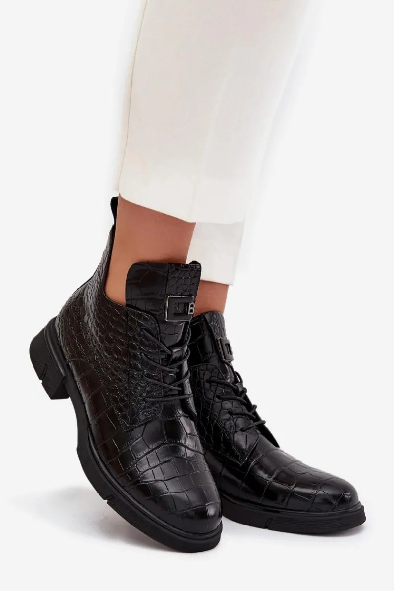 New Buty damskie Vinceza Skórzane Botki Z Ozdobnym Tłoczeniem Ocieplane Vinceza 66815 Czarne