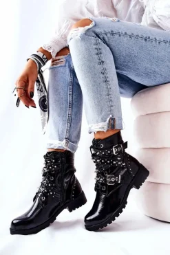 Clearance Skórzane Botki Z Paskami Czarne Kepherine Damskie Czarne Botki|Botki Zimowe Damskie