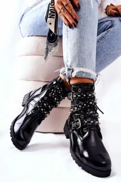 Clearance Skórzane Botki Z Paskami Czarne Kepherine Damskie Czarne Botki|Botki Zimowe Damskie