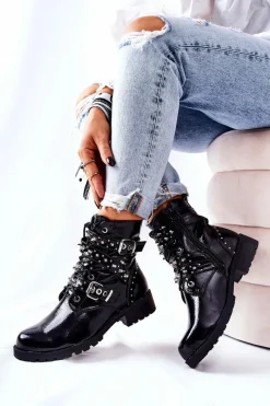 Clearance Skórzane Botki Z Paskami Czarne Kepherine Damskie Czarne Botki|Botki Zimowe Damskie