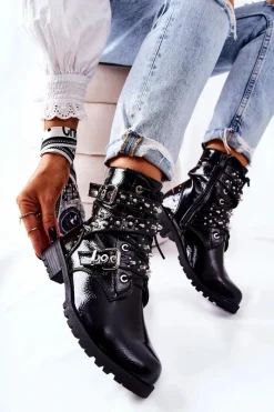 Clearance Skórzane Botki Z Paskami Czarne Kepherine Damskie Czarne Botki|Botki Zimowe Damskie