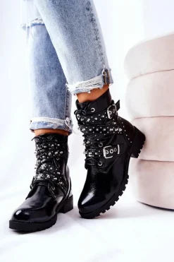 Clearance Skórzane Botki Z Paskami Czarne Kepherine Damskie Czarne Botki|Botki Zimowe Damskie