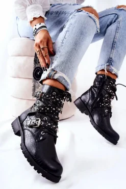 Czarne Botki|Botki Zimowe Damskie>Boto Skórzane Botki Z Paskami Zwierzęcy Wzór Czarne Kepherine
