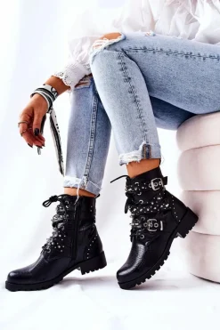 Czarne Botki|Botki Zimowe Damskie>Boto Skórzane Botki Z Paskami Zwierzęcy Wzór Czarne Kepherine