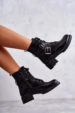 Clearance Skórzane Botki Z Paskiem I Ćwiekami Czarne Lanelly Damskie Botki Sznurowane|Czarne Botki