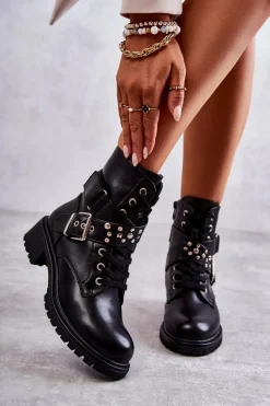 Clearance Skórzane Botki Z Paskiem I Ćwiekami Czarne Lanelly Damskie Botki Sznurowane|Czarne Botki