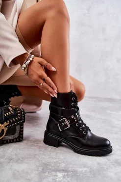 Clearance Skórzane Botki Z Paskiem I Ćwiekami Czarne Lanelly Damskie Botki Sznurowane|Czarne Botki