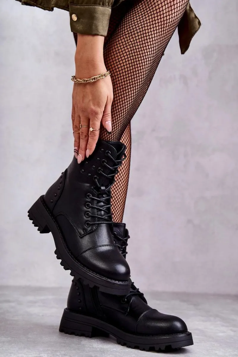 Skórzane Botki Z Ćwiekami Czarne Palmira Damskie Botki Sznurowane|Czarne Botki