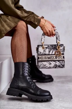 Skórzane Botki Z Ćwiekami Czarne Palmira Damskie Botki Sznurowane|Czarne Botki