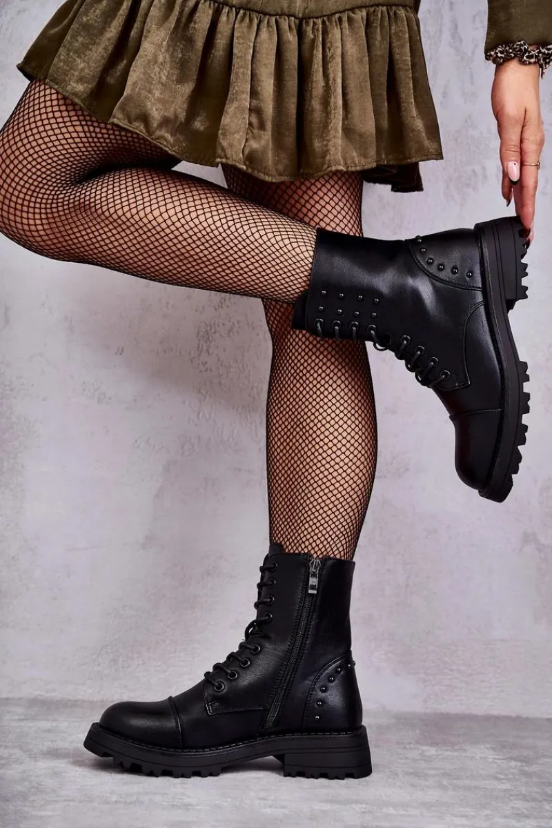 Skórzane Botki Z Ćwiekami Czarne Palmira Damskie Botki Sznurowane|Czarne Botki