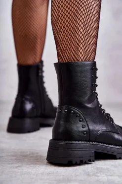 Skórzane Botki Z Ćwiekami Czarne Palmira Damskie Botki Sznurowane|Czarne Botki