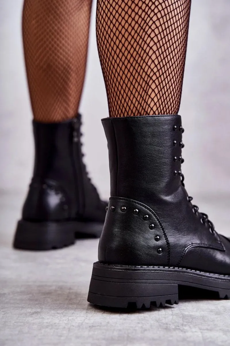 Skórzane Botki Z Ćwiekami Czarne Palmira Damskie Botki Sznurowane|Czarne Botki