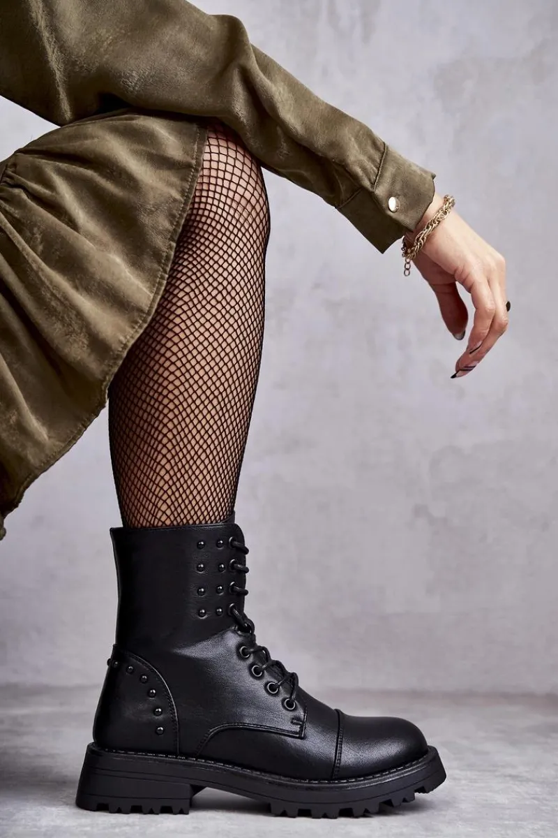 Skórzane Botki Z Ćwiekami Czarne Palmira Damskie Botki Sznurowane|Czarne Botki