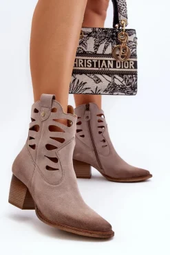 New Maciejka Skórzane Botki Z Wycięciami 06412-04 Beżowe Beżowy