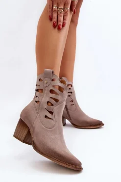 New Maciejka Skórzane Botki Z Wycięciami 06412-04 Beżowe Beżowy