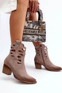 New Maciejka Skórzane Botki Z Wycięciami 06412-04 Beżowe Beżowy