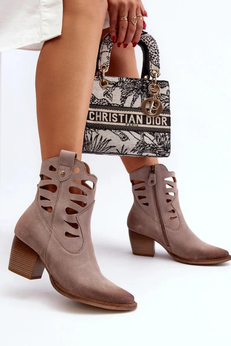 New Maciejka Skórzane Botki Z Wycięciami 06412-04 Beżowe Beżowy