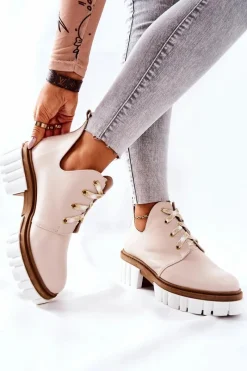 Hot Skórzane Botki Z Wycięciem Wiązane Beżowe Kaxo Damskie Brązowe I Beżowe Botki|Botki Płaskie