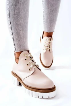 Hot Skórzane Botki Z Wycięciem Wiązane Beżowe Kaxo Damskie Brązowe I Beżowe Botki|Botki Płaskie