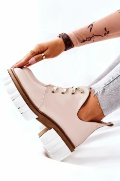 Hot Skórzane Botki Z Wycięciem Wiązane Beżowe Kaxo Damskie Brązowe I Beżowe Botki|Botki Płaskie