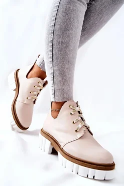 Hot Skórzane Botki Z Wycięciem Wiązane Beżowe Kaxo Damskie Brązowe I Beżowe Botki|Botki Płaskie