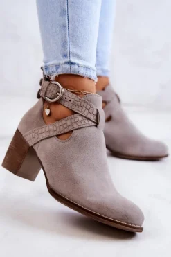 Boto Skórzane Botki Z Wycięciem Na Słupku Szare Axelle