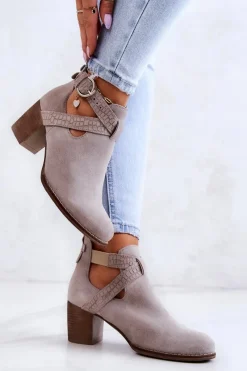 Boto Skórzane Botki Z Wycięciem Na Słupku Szare Axelle