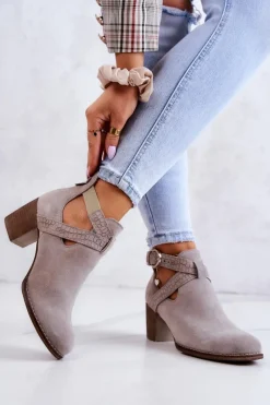 Boto Skórzane Botki Z Wycięciem Na Słupku Szare Axelle