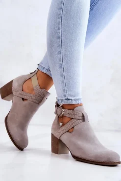 Boto Skórzane Botki Z Wycięciem Na Słupku Szare Axelle