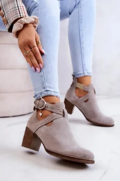 Boto Skórzane Botki Z Wycięciem Na Słupku Szare Axelle