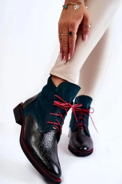 Botki Sznurowane|Czarne Botki>Boto Skórzane Botki Zielono-Czarne Cheyenne