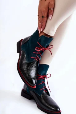 Botki Sznurowane|Czarne Botki>Boto Skórzane Botki Zielono-Czarne Cheyenne