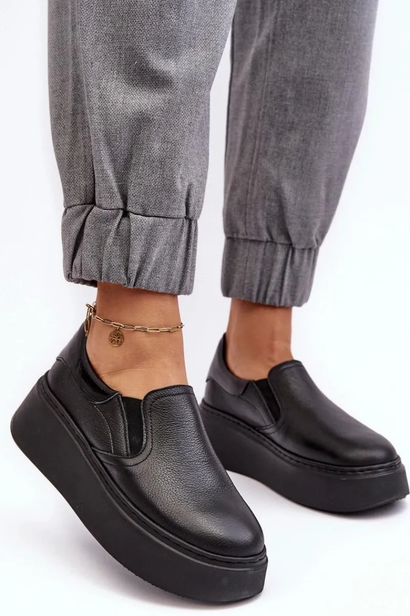 Sneakersy Damskie>Boto Skórzane Buty Sportowe Damskie na Platformie Czarne Lemar Manish