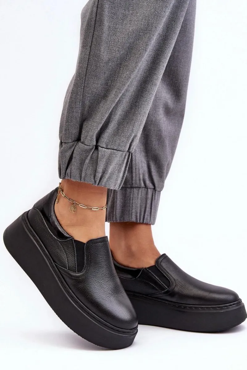 Sneakersy Damskie>Boto Skórzane Buty Sportowe Damskie na Platformie Czarne Lemar Manish