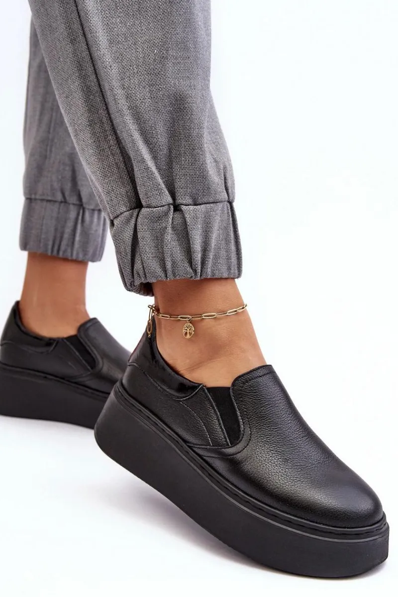 Sneakersy Damskie>Boto Skórzane Buty Sportowe Damskie na Platformie Czarne Lemar Manish