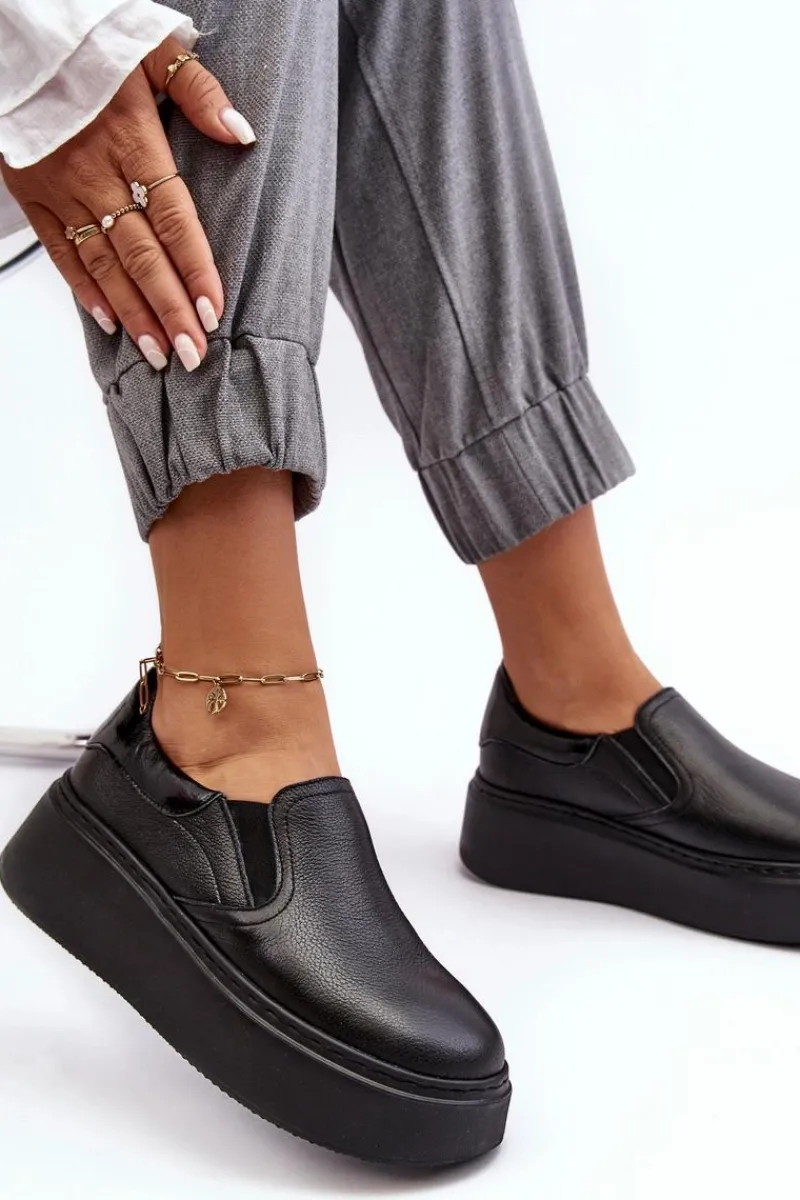 Sneakersy Damskie>Boto Skórzane Buty Sportowe Damskie na Platformie Czarne Lemar Manish